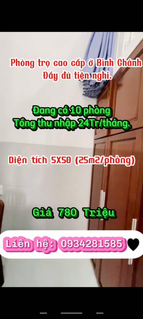 Thanh lý ngay dãy trọ cao cấp 10 phòng giá 780tr, ngay Chợ Bình Chánh