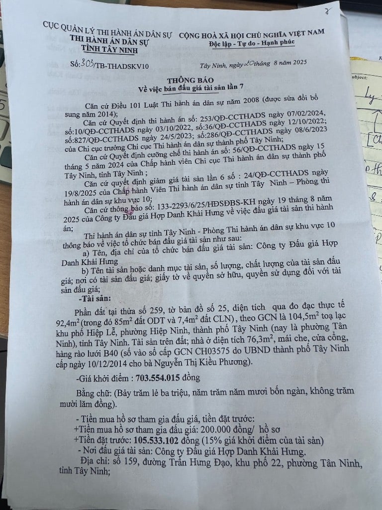 Tài sản tọa lạc tại Khu phố Hiệp Lễ (ngay sau lưng phường Hiệp Ninh cũ), cách chợ Hiệp Ninh 50m