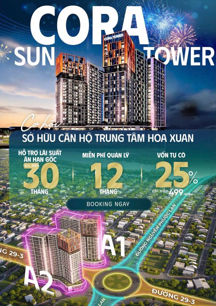 Bán căn hộ Cora Tower, chỉ 500tr sở hữu ngay, NH hỗ trợ 70%, 0LS, CK lên đến 18%