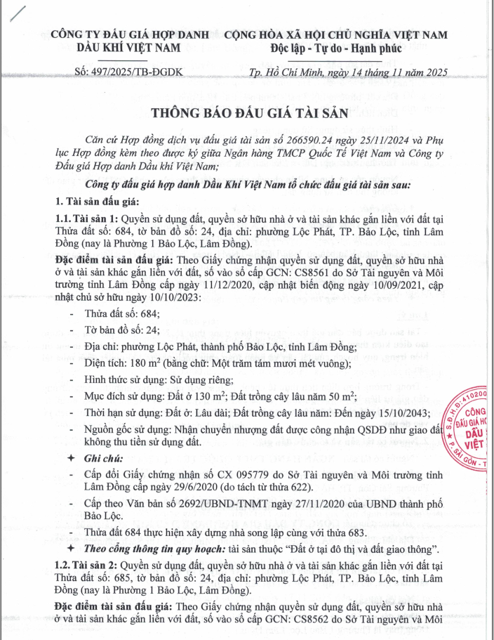 Bán đất Lộc Phát, Bảo Lộc, Lâm Đồng, thửa đất số 684, tờ bản đồ số 24, giá khởi điểm 1,405 tỷ