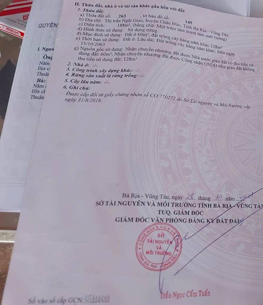 Ngợp cần bán đất 7x27, sẵn 60m thổ cư, thị trấn Ngãi Giao giá 1,2 tỷ TL