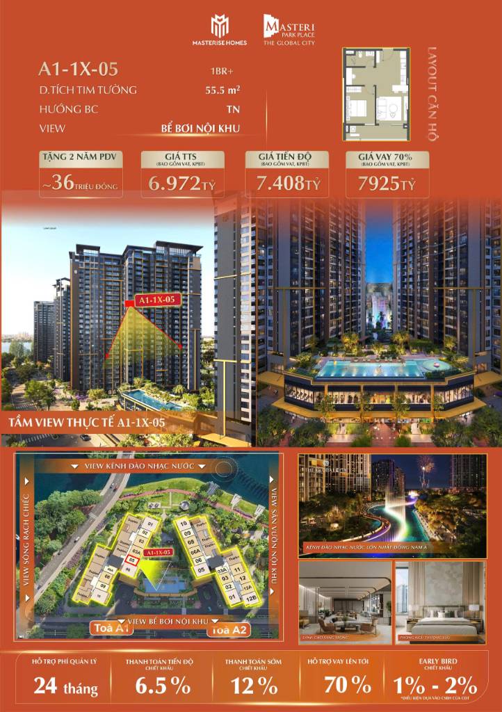 BÁN CĂN HỘ 1PN MASTERI PARK PLACE, QUẬN 2, CĂN A2,1X,06, VIEW BỂ BƠI NỘI KHU SIÊU ĐẸP