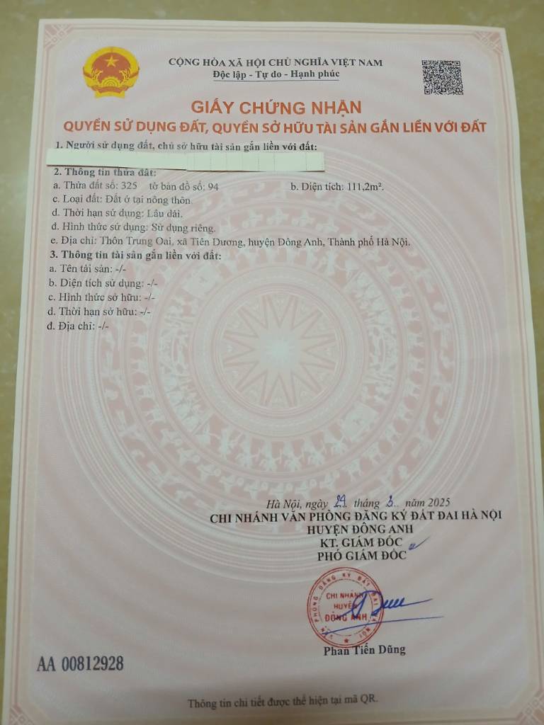 HIẾM, BÁN ĐẤT TẠI TRUNG OAI, TIÊN DƯƠNG, 110M2, GIÁ CHỈ 5 TỶ 5 TL