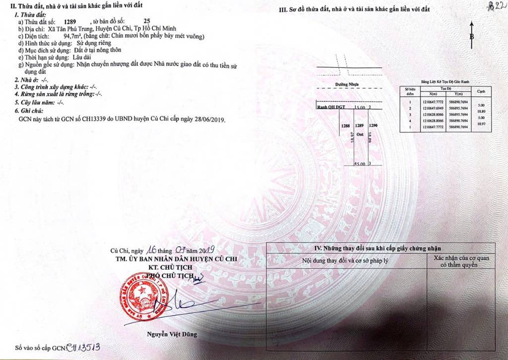 Cần bán đất tại Xã Tân Phú Trung, Củ Chi, 97m2 có sổ đỏ, giá 1.45 tỷ