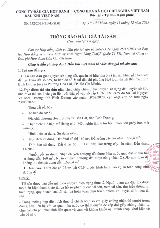 Bán đất Hoà Lợi, Bến Cát, Bình Dương, thửa đất số 659, tờ bản đồ số 5, giá khởi điểm 4,292 tỷ