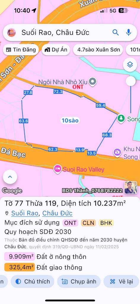 Bán đất Suối Rao, Châu Đức, mặt tiền đường lớn, có thổ cư ONT, giá đầu tư