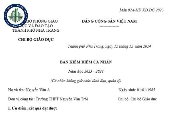 Mẫu viết sẵn Bản kiểm điểm Đảng viên đối với giáo viên không giữ chức vụ lãnh đạo, quản lý (Mẫu 02A-HD KĐ.ĐG 2023)