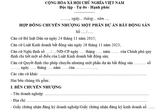 Hợp đồng chuyển nhượng một phần dự án bất động sản