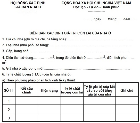 Biên bản xác định giá trị còn lại của nhà ở cũ thuộc tài sản công