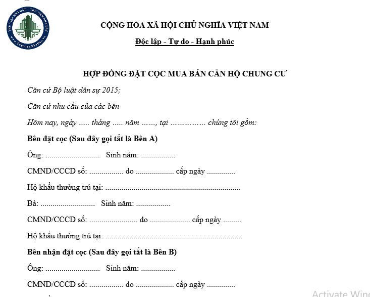Mẫu hợp đồng đặt cọc mua bán căn hộ chung cư mới nhất 2025