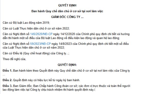 Mẫu quy chế dân chủ cơ sở trong doanh nghiệp 2025