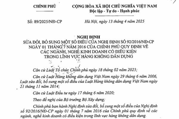 Nghị định 89/2025/NĐ-CP sửa đổi và bổ sung một số điều Nghị định số 92/2016/NĐ-CP quy định về các ngành, nghề kinh doanh có điều kiện trong lĩnh vực hàng không dân dụng.