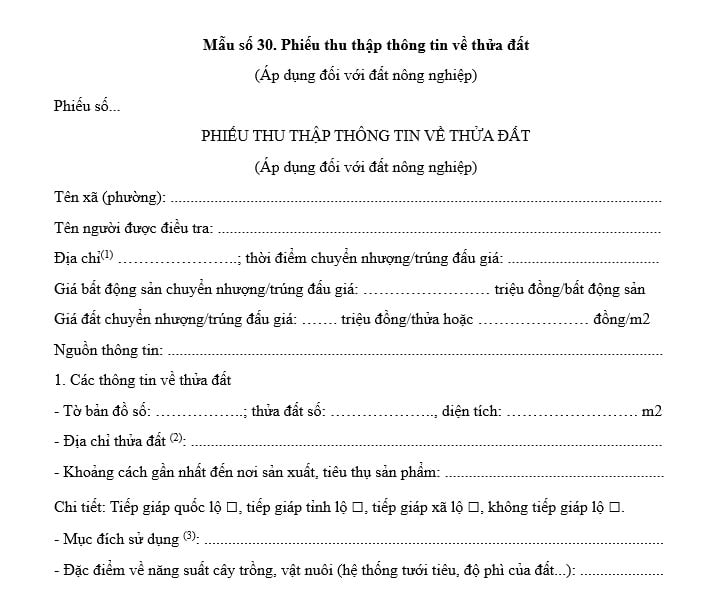 Mẫu số 30 về Phiếu thu thập thông tin về thửa đất đối với đất nông nghiệp từ 1/7/2025