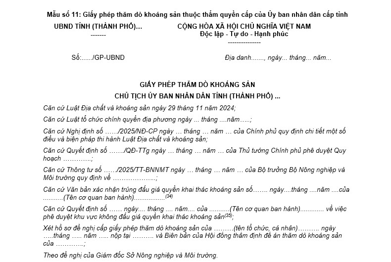 Mẫu Giấy phép thăm dò khoáng sản thuộc thẩm quyền cấp của Ủy ban nhân dân cấp tỉnh