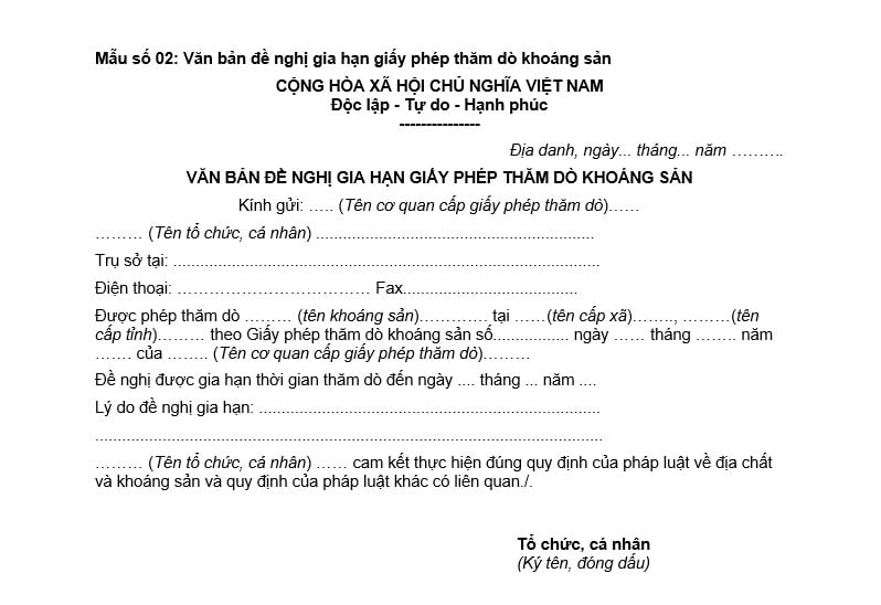 Văn bản đề nghị gia hạn giấy phép thăm dò khoáng sản
