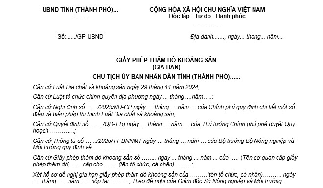 Mẫu Giấy phép thăm dò khoáng sản gia hạn thuộc thẩm quyền cấp của Ủy ban nhân dân cấp tỉnh