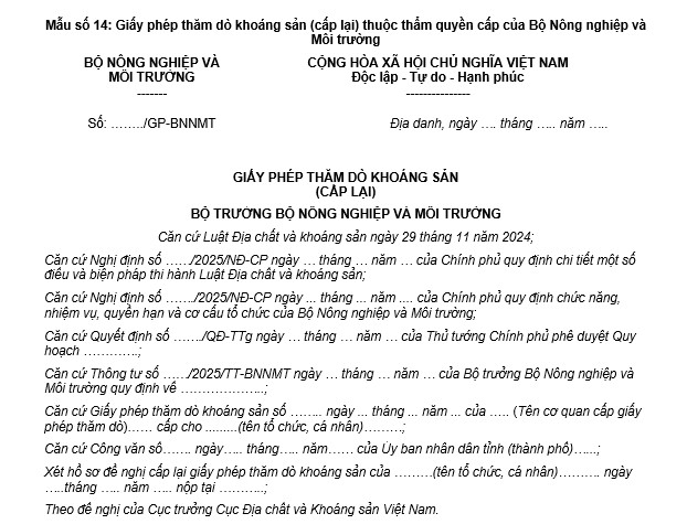 về giấy phép thăm dò khoáng sản cấp lại thuộc thẩm quyền cấp của Bộ Nông nghiệp và Môi trường