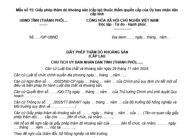 Giấy phép thăm dò khoáng sản cấp lại thuộc thẩm quyền cấp của Ủy ban nhân dân cấp tỉnh
