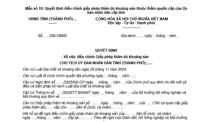 Mẫu số 19: Quyết định điều chỉnh giấy phép thăm dò khoáng sản thuộc thẩm quyền cấp của Ủy ban nhân dân cấp tỉnh