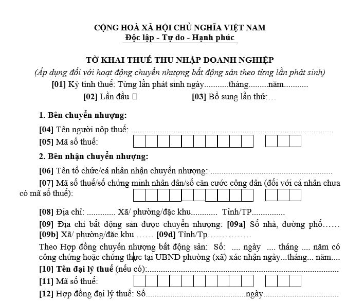 Mẫu tờ khai thuế thu nhập doanh nghiệp từ hoạt động chuyển nhượng bất động sản theo từng lần phát sinh
