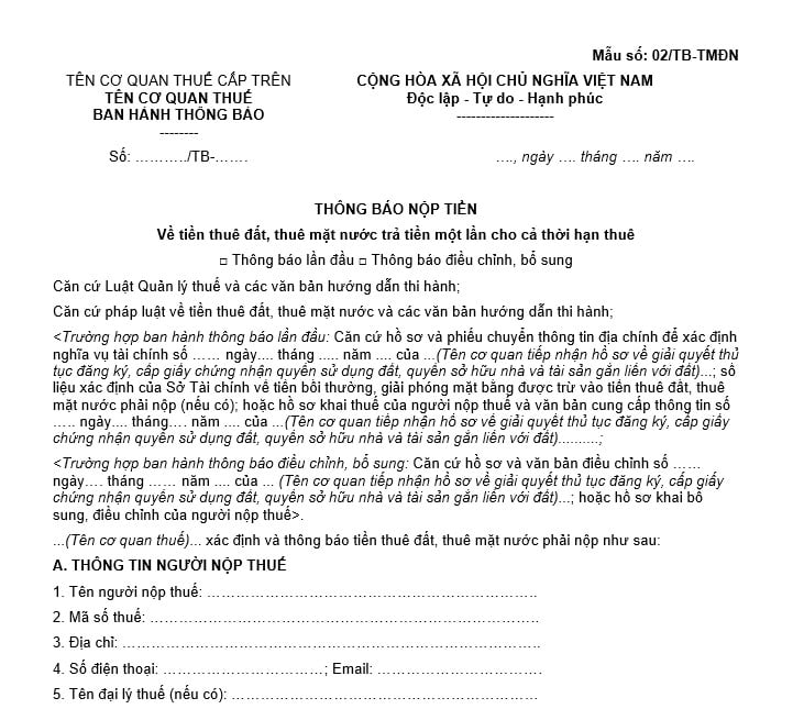 Mẫu thông báo nộp tiền thuê đất, thuê mặt nước trả tiền một lần cho cả thời hạn thuê áp dụng cho năm 2026