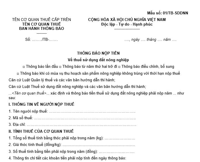 Mẫu thông báo nộp tiền thuế sử dụng đất nông nghiệp mới nhất bản docx