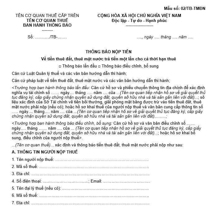 Mẫu thông báo nộp tiền thuê đất, thuê mặt nước theo hình thức nộp hàng năm