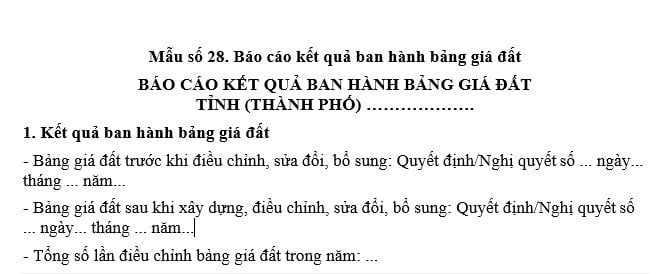 Mẫu Báo cáo kết quả ban hành bảng giá đất năm 2026 bản word