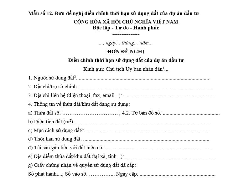 Đơn đề nghị điều chỉnh thời hạn sử dụng đất của dự án đầu tư năm 2026