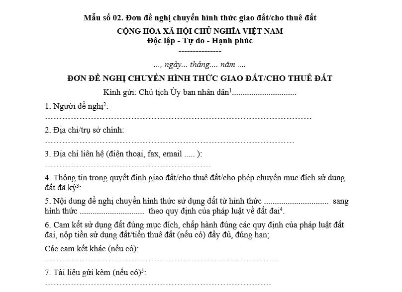 Đơn đề nghị chuyển hình thức giao đất/cho thuê đất