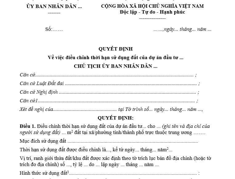 Tải mẫu Quyết định điều chỉnh thời hạn sử dụng đất của dự án đầu tư năm 2026 bản word