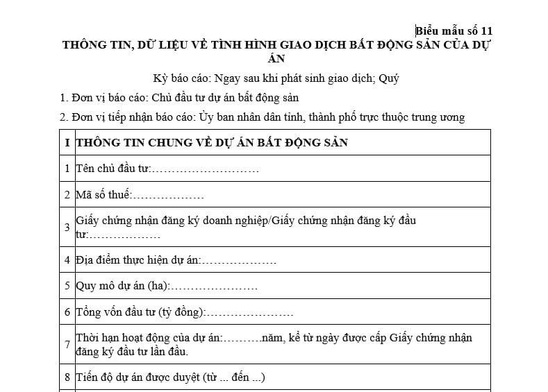 Mẫu báo cáo thông tin, dữ liệu về tình hình giao dịch bất động sản của dự án năm 2026