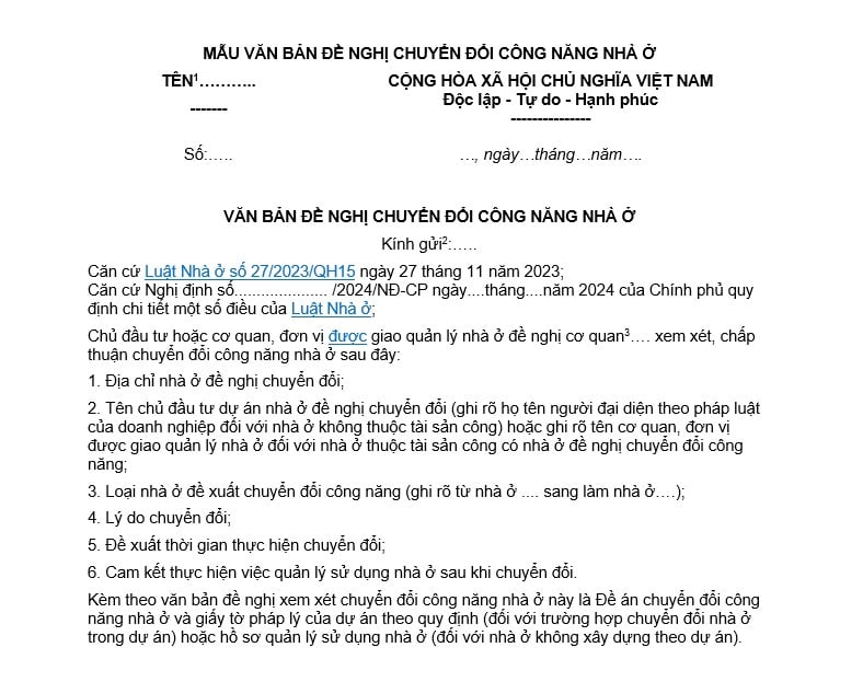 Mẫu văn bản đề nghị chuyển đổi công năng nhà ở năm 2026