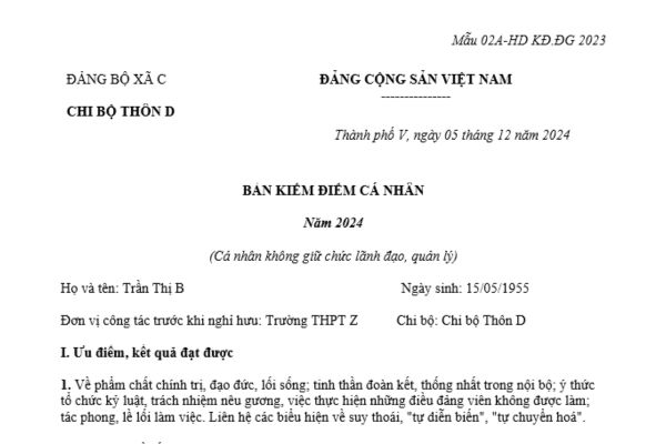 Mẫu 2 Bản kiểm điểm Đảng viên hưu trí năm 2024 viết sẵn