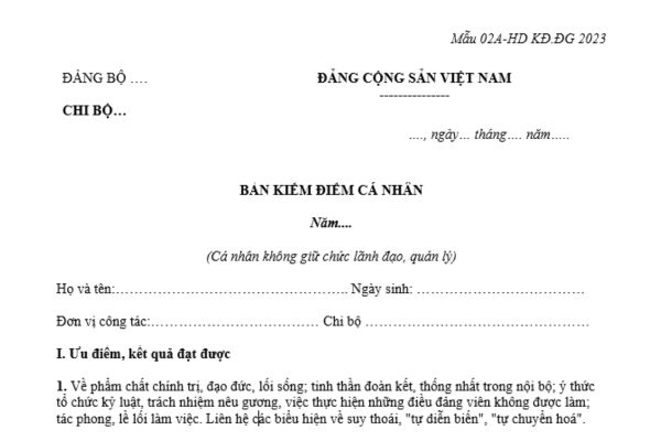 Mẫu Bản kiểm điểm cá nhân Đảng viên không giữ chức lãnh đạo, quản lý (Mẫu 02A-HD KĐ.ĐG 2023)