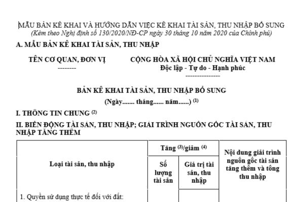 mẫu kê khai tài sản theo Nghị định 130 Phụ lục 2 năm 2024 