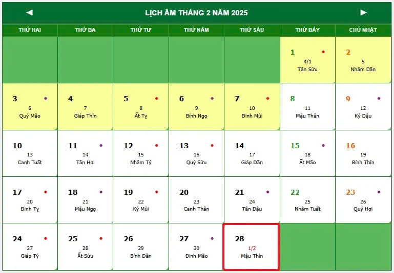 lịch vạn niên 2025 tháng 2