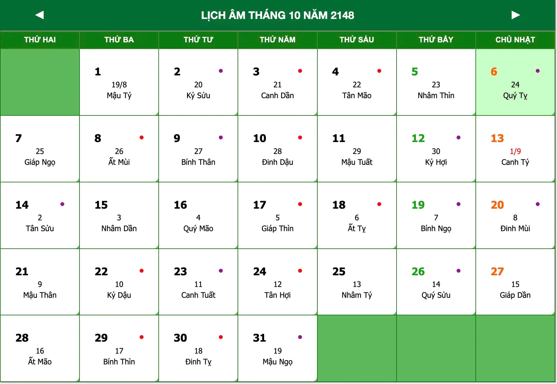 Lịch năm 2148, Lịch vạn niên năm 2148 tháng 10