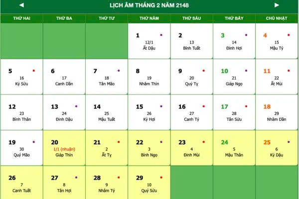 Lịch năm 2148, Lịch vạn niên năm 2148 tháng 2