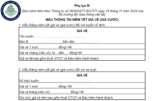 Mẫu bảng niêm yết giá vé xe khách từ 01/01/2025