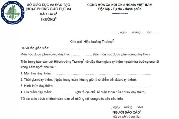 Mẫu báo cáo dạy thêm ngoài nhà trường với giáo viên