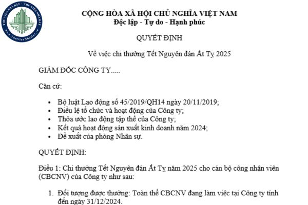 Mẫu quyết định thưởng cho người lao động dịp Tết Nguyên đán 2025?