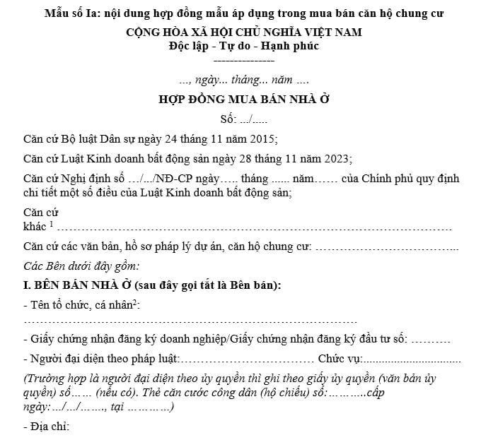 hợp đồng mua bán căn hộ chung cư mới nhất