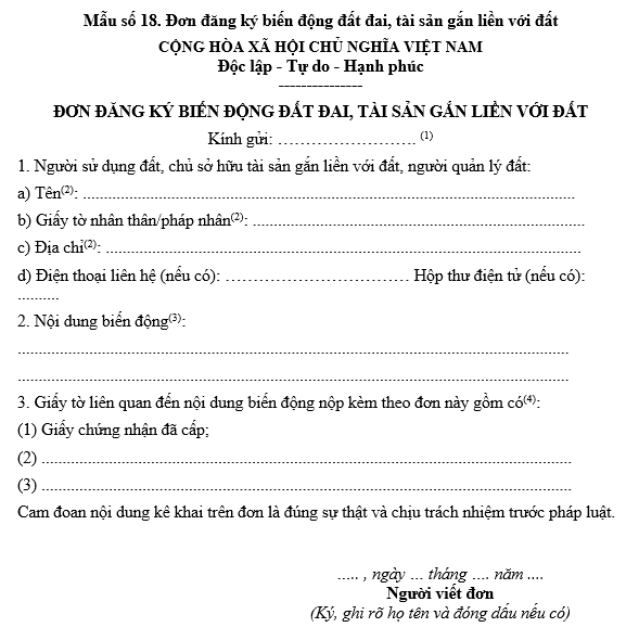 Mẫu đơn đăng ký biến động đất đai khi bán đất Phụng châu Chương Mỹ mới nhất 2025? Tải về mẫu đơn đăng ký biến động đất đai?