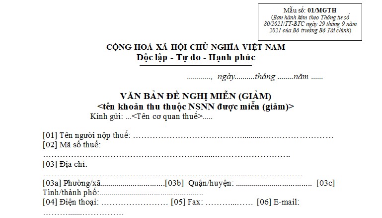 Mẫu đơn 01/MGTH đề nghị miễn giảm thuế theo thông tư 80 mới nhất