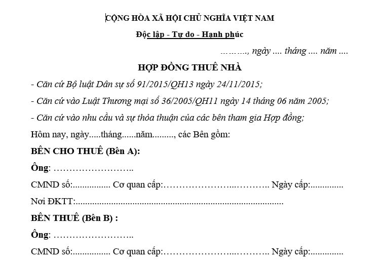 Mẫu hợp đồng thuê nhà để đăng ký tạm trú?