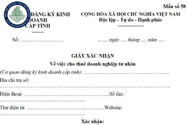 Tải file word mẫu giấy xác nhận về việc cho thuê doanh nghiệp tư nhân (mẫu số 58 Thông tư 68/2025/TT-BTC)
