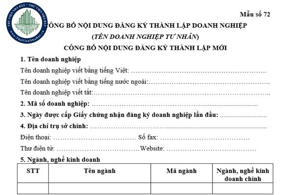 Tải file word mẫu công bố nội dung đăng ký thành lập doanh nghiệp (mẫu số 72 Thông tư 68/2025/TT-BTC)