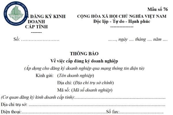 Tải file word mẫu thông báo về việc cấp đăng ký doanh nghiệp (mẫu số 76 Thông tư 68/2025/TT-BTC)