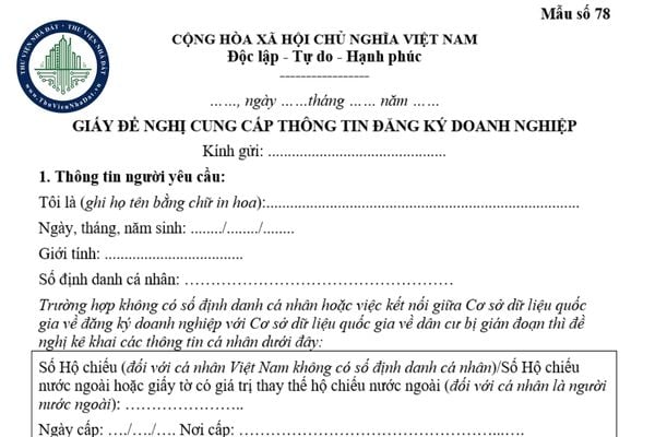 Tải file word mẫu giấy đề nghị cung cấp thông tin đăng ký doanh nghiệp (mẫu số 78 Thông tư 68/2025/TT-BTC)